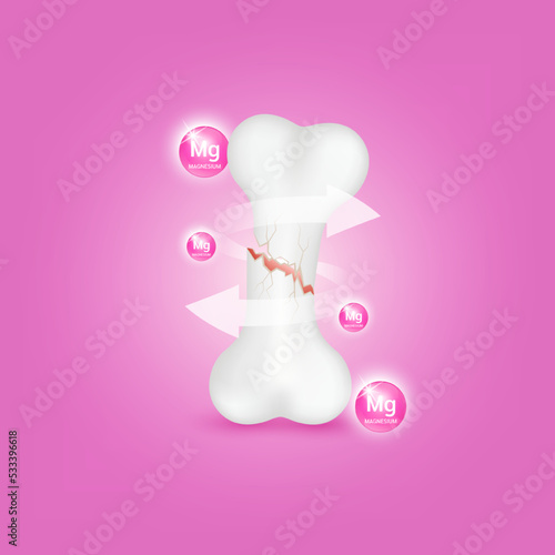 Vitamin minerals Magnesium (Mg) circle ball pink help strengthen bone not to be broken or decay on orange background. Medical or healthcare. Skeleton x ray scan concept. Healthy knee bone.