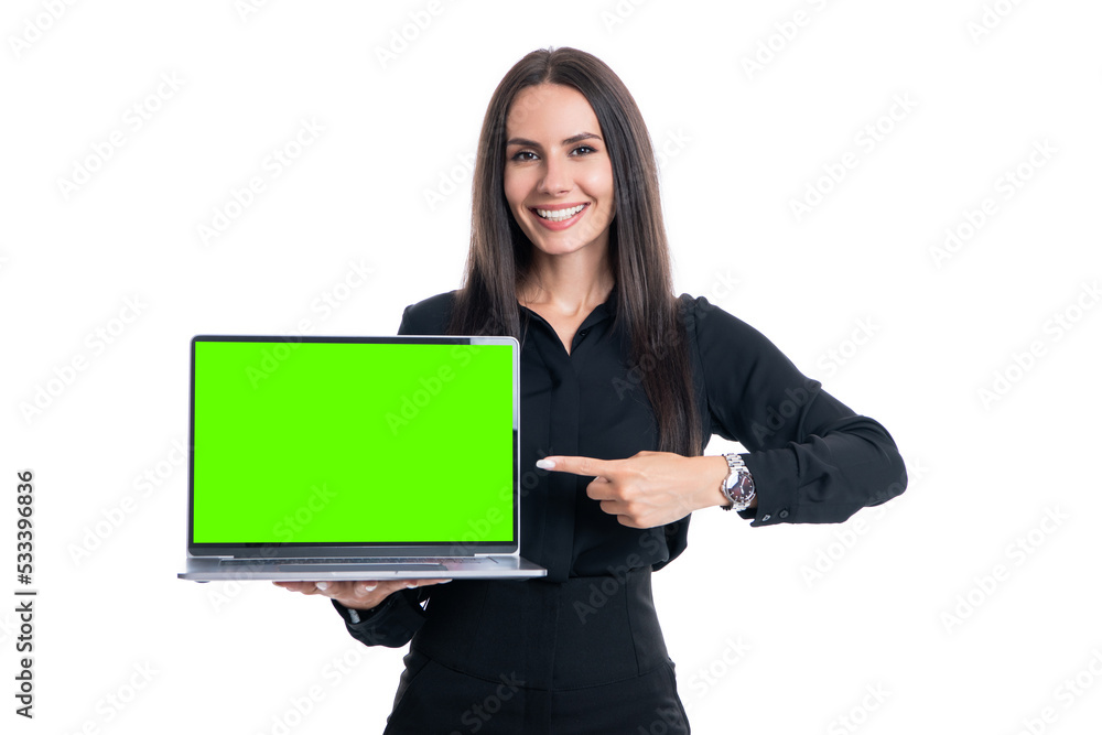 Happy businesswoman pointing at open laptop computer with green screen chroma key effect mockup Happy businesswoman pointing at open laptop computer with green screen chroma key effect mockup