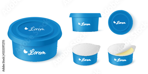 Cream cheese or butter plastic container, realistic vector illustration isolated on white background.