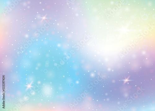 Holographic background with rainbow mesh. Cute universe banner in princess colors. Fantasy gradient backdrop with hologram. Holographic unicorn background with fairy sparkles, stars and blurs.