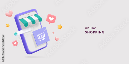 Online shopping on mobile smartphone app web banner design. 3d vector realistic render phone with store awning, search bar, stars, heart and like symbols. Online payment, purchase, business, marketing
