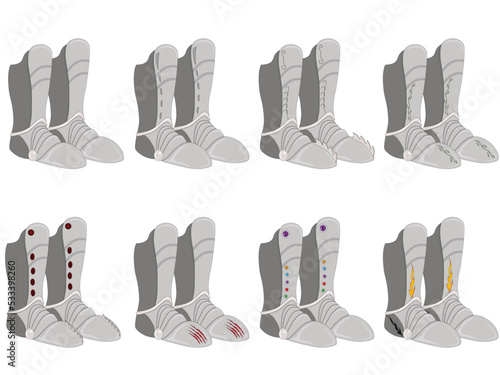 Plate armor game asset, various styles foot armor collection vector illustration