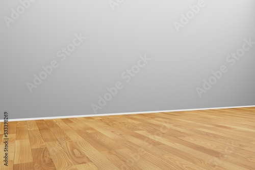 Fototapeta Naklejka Na Ścianę i Meble -  Empty room mockup with wooden floor and gray wall. Apartment without nobody. Angle view. 3d rendering