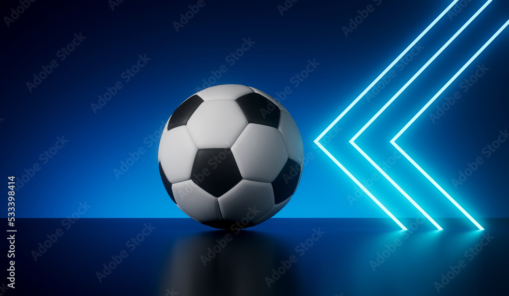 Naklejka premium Blue neon futuristic frame with a soccer football. 3D Rendering