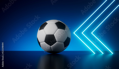 Blue neon futuristic frame with a soccer football. 3D Rendering