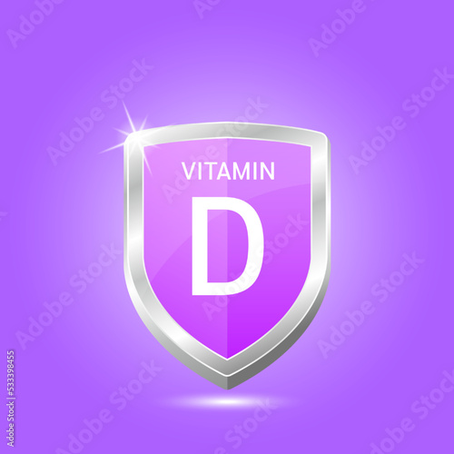 Vitamin D shield with purple atom. Vector illustration 3D. Protect body stay healthy, protection from chemicals entering body. For nutrition products food. Medical scientific concept. Drug business.
