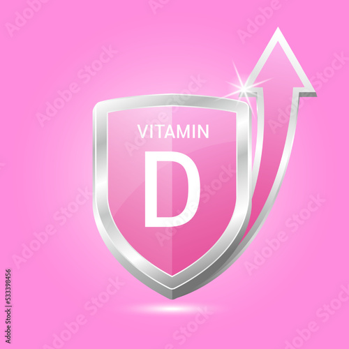 Vitamin D shield with pink atom, an up arrow. Vector illustration 3D. Protect body stay healthy, protection from chemicals entering body. For nutrition products food. Medical scientific concepts. 