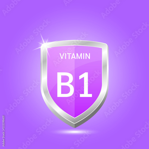 Vitamin B1 shield with purple atom. Vector illustration 3D. Protect body stay healthy, protection from chemicals entering body. For nutrition products food. Medical scientific concept. Drug business.