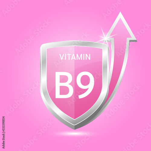 Vitamin B9 shield with pink atom, an up arrow. Vector illustration 3D. Protect body stay healthy, protection from chemicals entering body. For nutrition products food. Medical scientific concepts. 