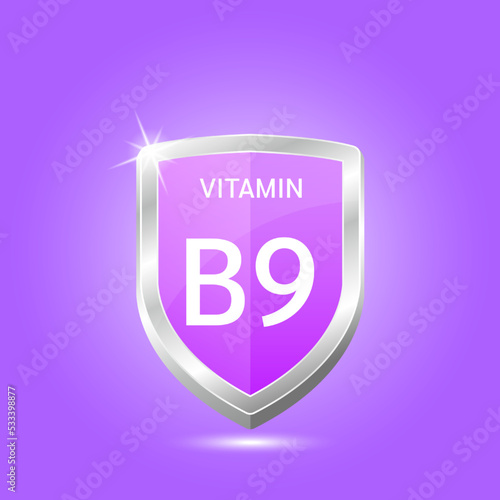 Vitamin B9 shield with purple atom. Vector illustration 3D. Protect body stay healthy, protection from chemicals entering body. For nutrition products food. Medical scientific concept. Drug business.