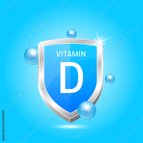 Icon Vitamin B4 shield blue atom circle bubbles surround. Protect body stay healthy. Medical scientific concept. For nutrition product food. Vector illustration 3D. Natural extracts. Drug business