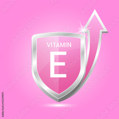 Vitamin B1 shield with pink atom, an up arrow. Vector illustration 3D. Protect body stay healthy, protection from chemicals entering body. For nutrition products food. Medical scientific concepts. 