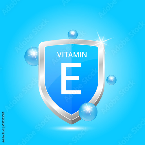 Icon Vitamin B4 shield blue atom circle bubbles surround. Protect body stay healthy. Medical scientific concept. For nutrition product food. Vector illustration 3D. Natural extracts. Drug business