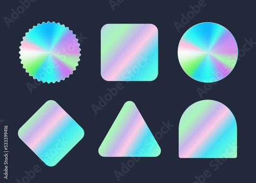 Holographic stickers or labels set, realistic vector illustration isolated on dark background.