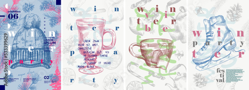 Winter. Winter holiday. A set of vector illustrations. Hat, mulled wine, tea, skates. Typography. Pencil, engraving style. Poster, cover, banner, t-shirt print.