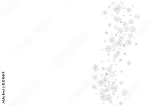Snowflakes falling on white background. Horizontal Christmas and Happy New Year theme. Silver falling snowflakes for banner, gift card, party invitation, partner compliment and special business offers