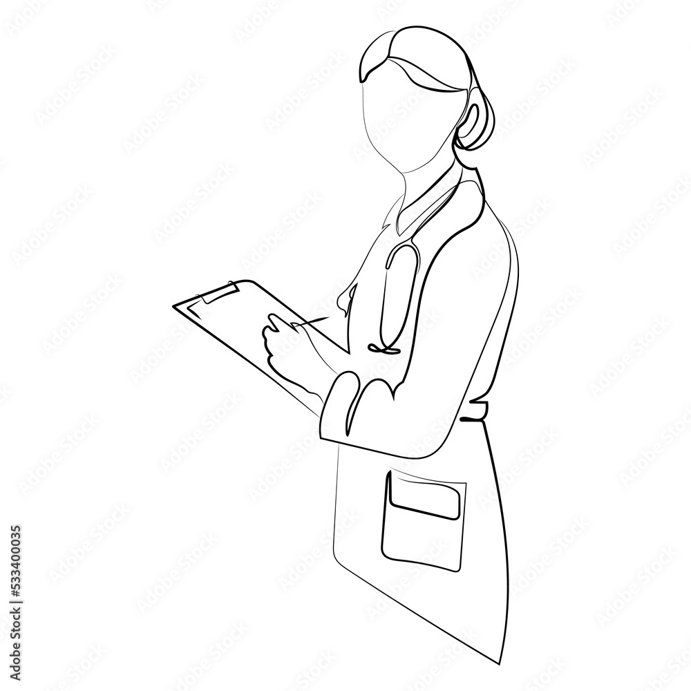 Female doctor with stethoscope while holding medical report continuous single line drawing vector illustration. Doctor with folder in hand, medical worker, nurse laner drawing in minimal art style Female doctor with stethoscope while holding medical report continuous single line drawing vector illustration. Doctor with folder in hand, medical worker, nurse laner drawing in minimal art style