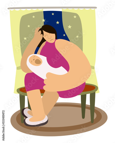 Mother and child. Woman sitting near the window at night and holding newborn crying baby wants to sleep. Vector isolated illustration.