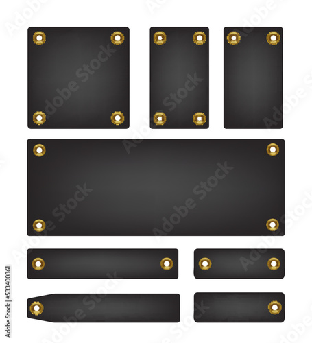Cardboard tags with gold eyelets or grommets, realistic mockup, vector illustration isolated on white background.