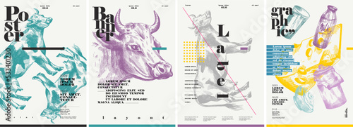 Cow. Dairy products. Set of vector postcards. Typography and background engraving illustrations . Label, poster, cover, t-shirt print.