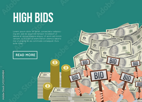 Auction public sale poster with human hands holding BID signs on background of money. Potential buyers making higher bids to get goods and property. Online auction, ecommerce vector illustration.