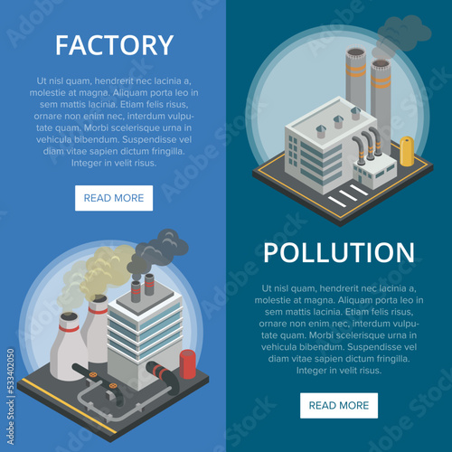 Pollution industry isometric vertical flyers. Chemical factory or power plant with smoke stacks. Heavy industry air pollution concept, nature environmental damage, ecology harm vector illustration.