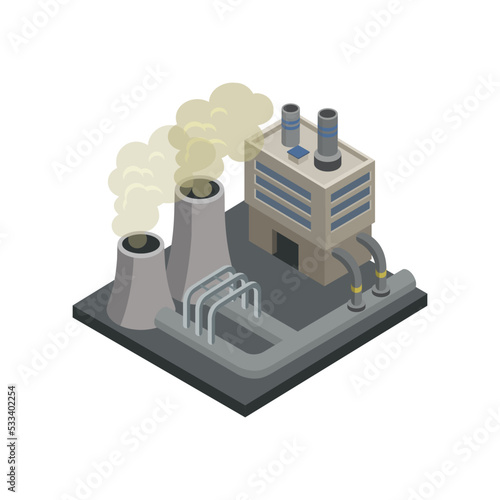 Steel plant isometric 3D element. Heavy industry architecture, engineering and manufacturing, environmental pollution vector illustration.