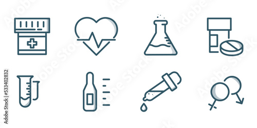 Linear vector medicine and health care icon set. Pills, heart palpilation, temperature and chemotherapy concept icons design. Treatment and medical theme set.