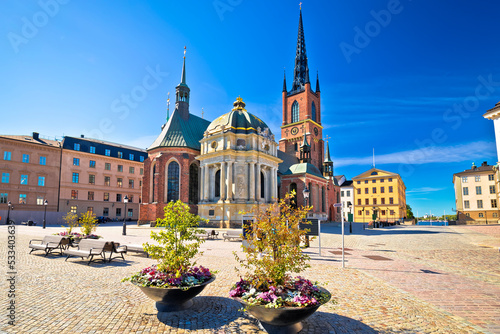 Riddarholmen Church and scenic square in Stockholm street view photo