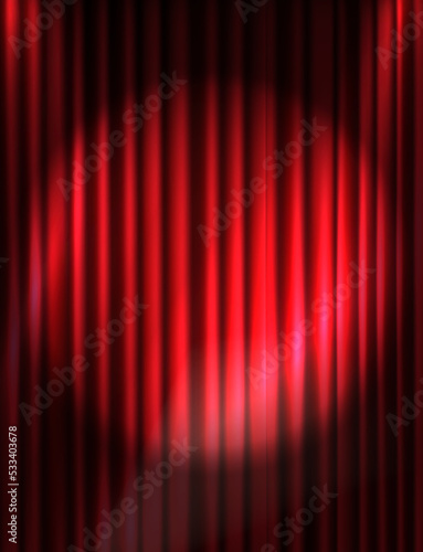 Vector realistic background. Red curtain stage with spotlight. Music theatre performance.
