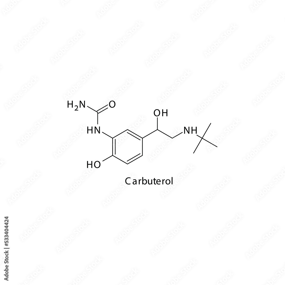 Carbuterol molecule flat skeletal structure, beta agonist used in asthma, COPD Vector illustration on white background. Carbuterol molecule flat skeletal structure, beta agonist used in asthma, COPD Vector illustration on white background.