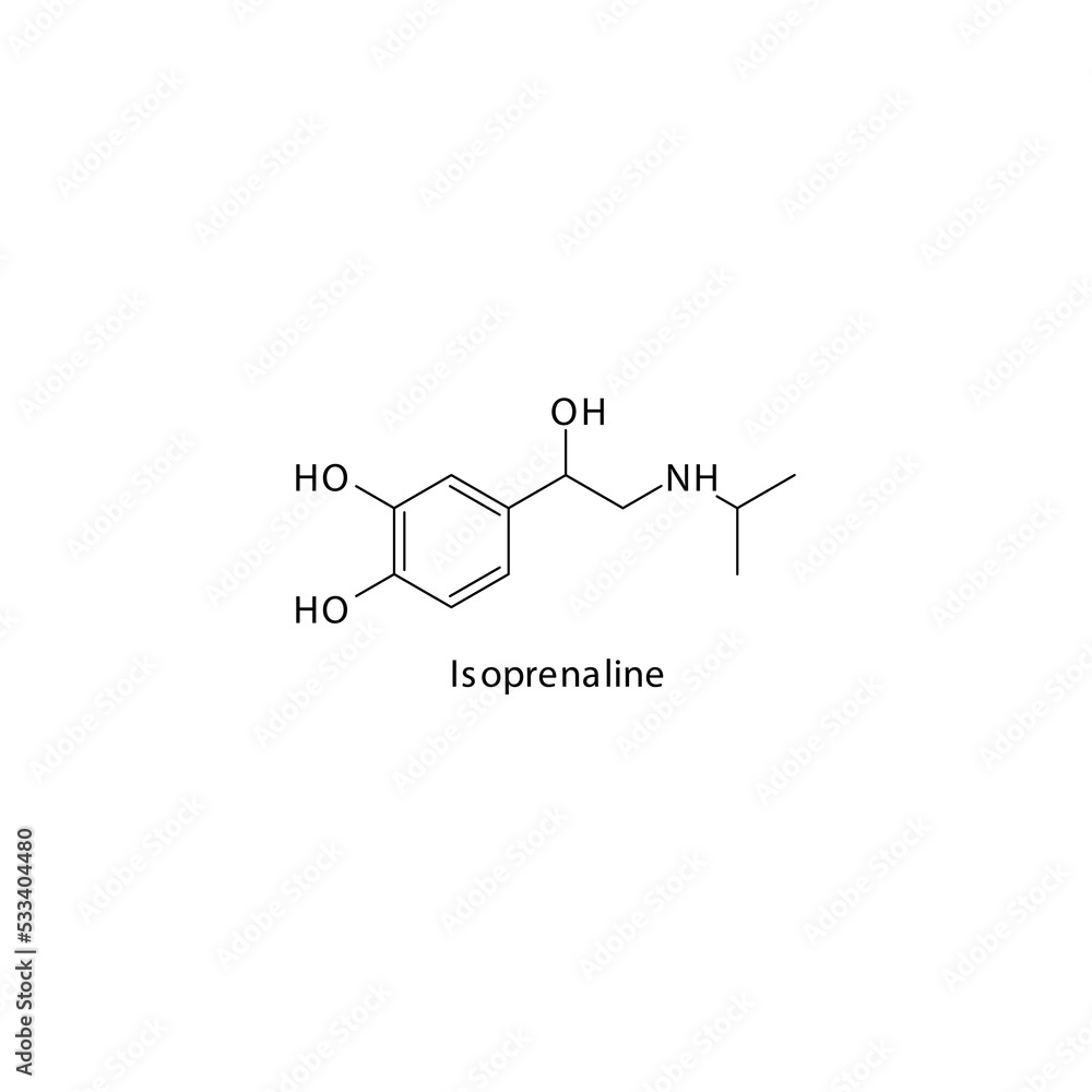 Isoprenaline molecule flat skeletal structure, beta agonist used in cardiac stimulant Vector illustration on white background. Isoprenaline molecule flat skeletal structure, beta agonist used in cardiac stimulant Vector illustration on white background.
