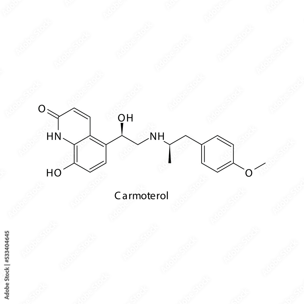 Carmoterol molecule flat skeletal structure, beta agonist used in asthma, COPD Vector illustration on white background. Carmoterol molecule flat skeletal structure, beta agonist used in asthma, COPD Vector illustration on white background.