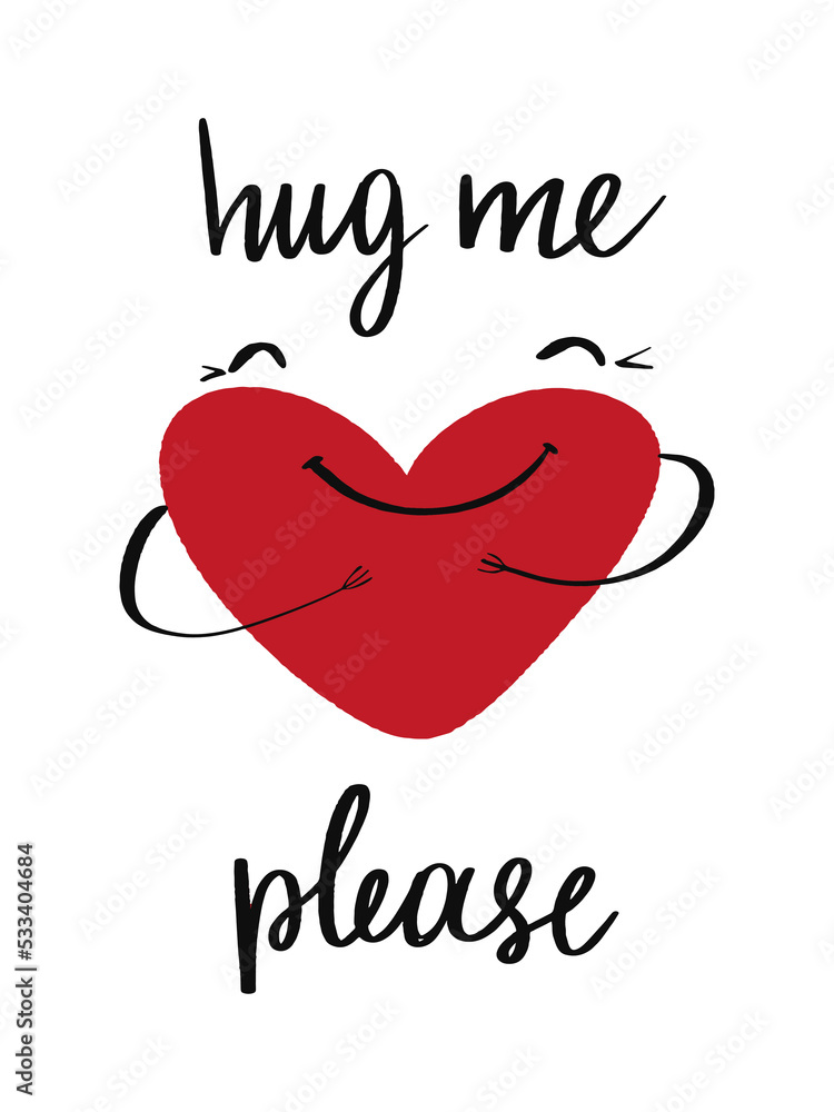 Vector romantic lettering of Hug me. Hand drawn letter on white background. Cute concept for card, website, poster.
