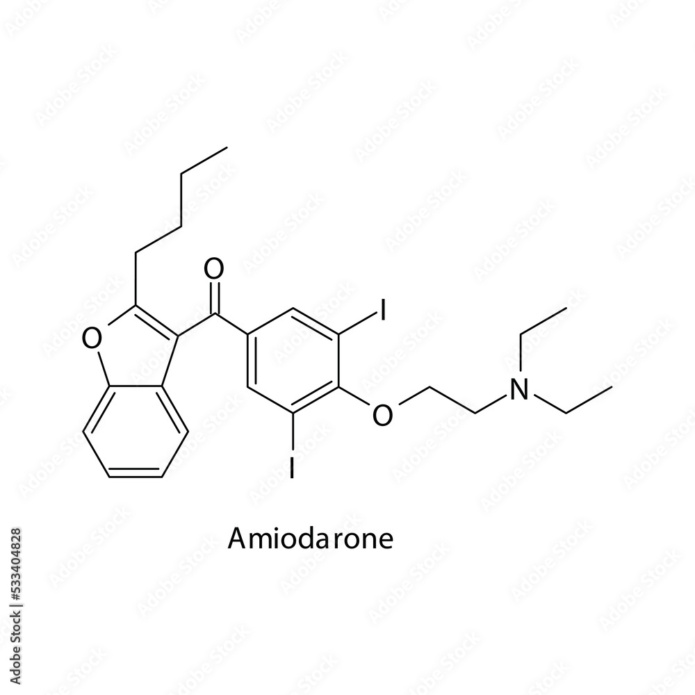 Amiodarone molecule flat skeletal structure, Class III antiarrythmia drug - K chanel blocker used in cardiac dysrythmia Vector illustration on white background. Amiodarone molecule flat skeletal structure, Class III antiarrythmia drug - K chanel blocker used in cardiac dysrythmia Vector illustration on white background.