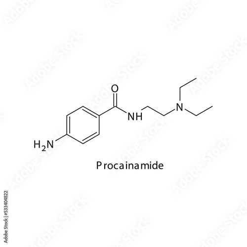 Procainamide molecule flat skeletal structure, Class Ia antiarrythmia drug - fast Na chanel blocker used in cardiac dysrythmia Vector illustration on white background.