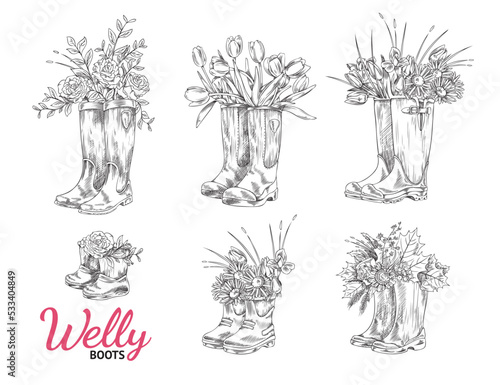 Set of hand drawn monochrome different rubber welly boots with bouquets of flowers inside
