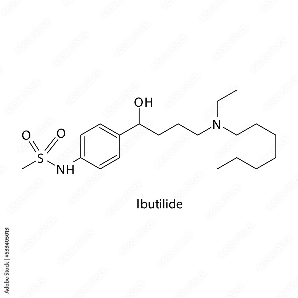 Ibutilide molecule flat skeletal structure, Class III antiarrythmia drug - K chanel blocker used in cardiac dysrythmia Vector illustration on white background. Ibutilide molecule flat skeletal structure, Class III antiarrythmia drug - K chanel blocker used in cardiac dysrythmia Vector illustration on white background.