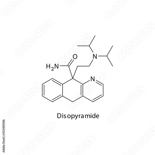 Disopyramide molecule flat skeletal structure, Class Ia antiarrythmia drug - fast Na chanel blocker used in cardiac dysrythmia Vector illustration on white background.