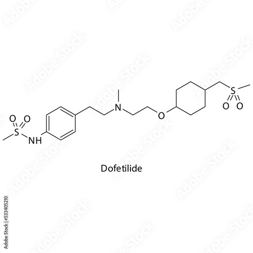 Dofetilide molecule flat skeletal structure, Class III antiarrythmia drug - K chanel blocker used in cardiac dysrythmia Vector illustration on white background.