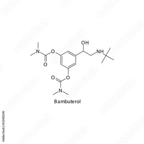 Bambuterol  molecule flat skeletal structure, beta agonist used in asthma, COPD Vector illustration on white background. photo