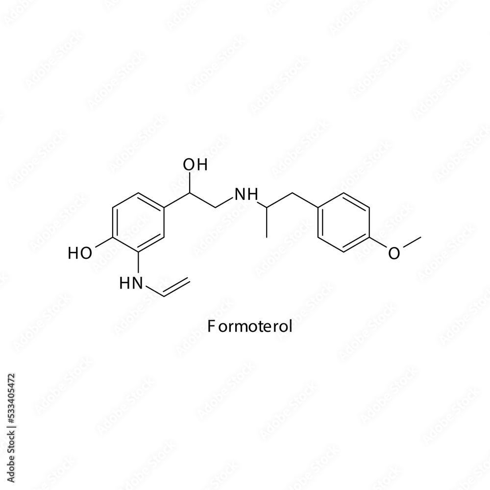 Formoterol molecule flat skeletal structure, beta agonist used in asthma, COPD Vector illustration on white background. Formoterol molecule flat skeletal structure, beta agonist used in asthma, COPD Vector illustration on white background.