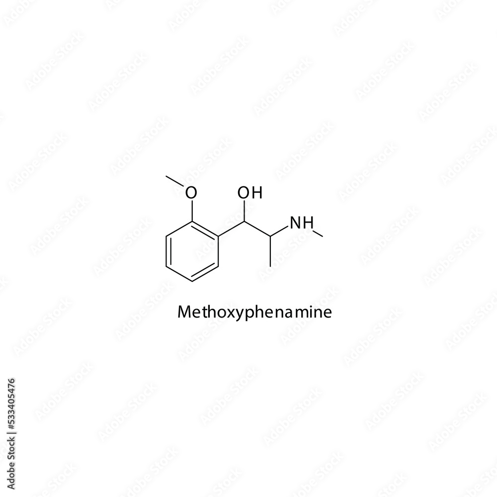 Methoxyphenamine molecule flat skeletal structure, beta agonist used in asthma, COPD Vector illustration on white background. Methoxyphenamine molecule flat skeletal structure, beta agonist used in asthma, COPD Vector illustration on white background.