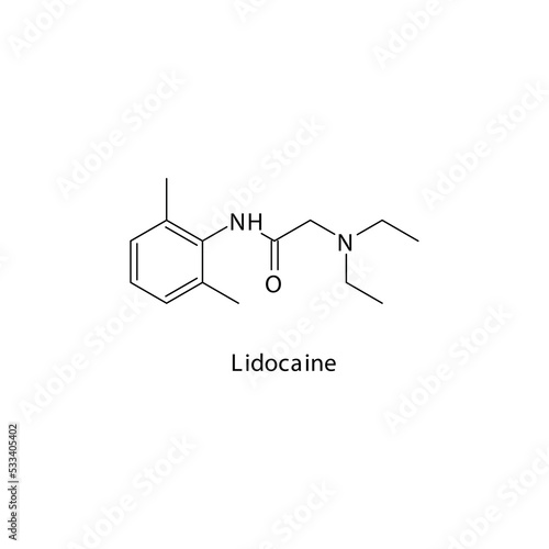 Lidocaine molecule flat skeletal structure, Class Ib antiarrythmia drug - fast Na chanel blocker, local anaesthetic used in cardiac dysrythmia Vector illustration on white background.