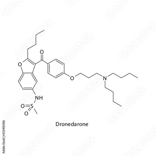 Dornedarone molecule flat skeletal structure, Class III antiarrythmia drug - K chanel blocker used in cardiac dysrythmia Vector illustration on white background.