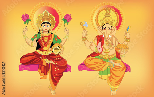 Vector design of Goddess Lakshmi and Lord Ganesha for Happy Diwali prayer festival of India in Indian art style