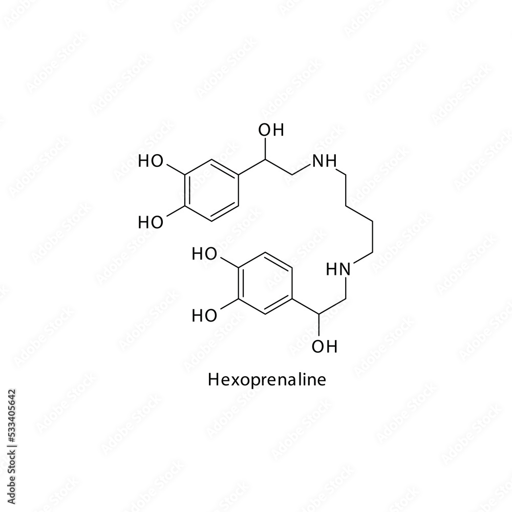 Hexoprenaline  molecule flat skeletal structure, beta agonist used in asthma, COPD Vector illustration on white background.