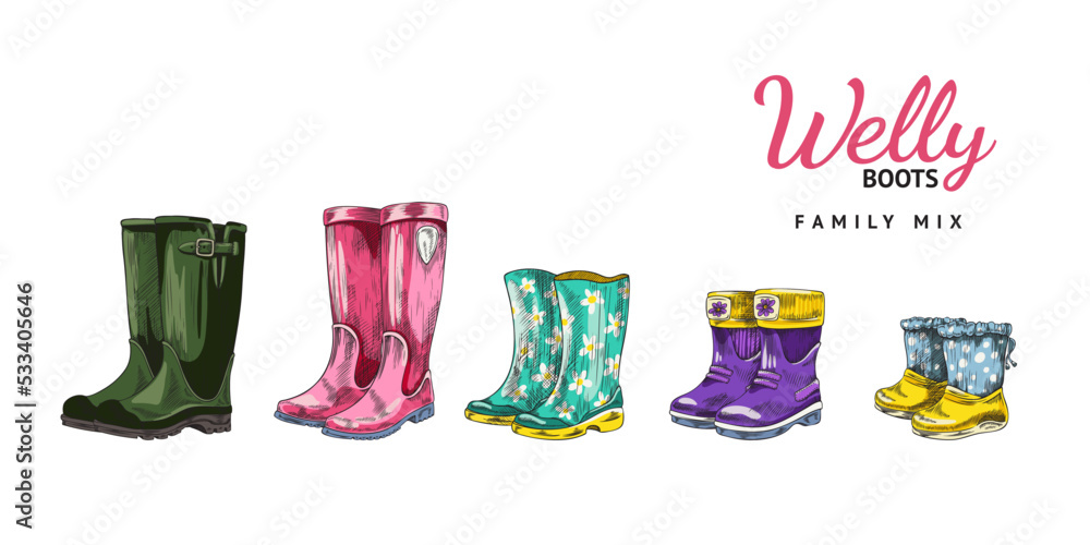 Hand drawn colorful rubber boots for rainy weather, sketch vector illustration isolated on white background. - obrazy, fototapety, plakaty 