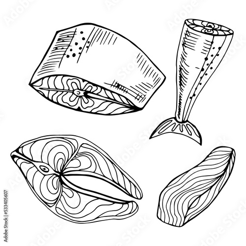 Salmon whole red fish, caviar, raw steaks and fillet realistic isolated outline vector illustration. Drawn monochrome seafood meal.