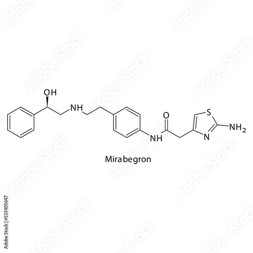 Mirabegron molecule flat skeletal structure, beta 3 agonist used in overactive bladder Vector illustration on white background.